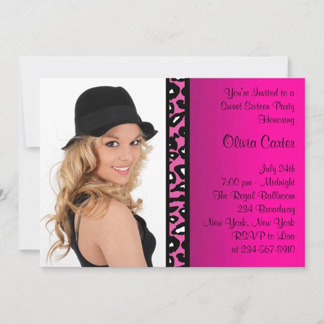 Convite Foto rosa do Leopard Doce Dezesseis Festas de aniv (Frente)