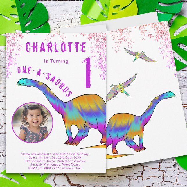 Convite Foto rosa do Partido do primeiro aniversario Dinos (Colorful dinosaur 1st birthday party invitation one-a-saurus watercolor brontosaurus & pterodactyl )