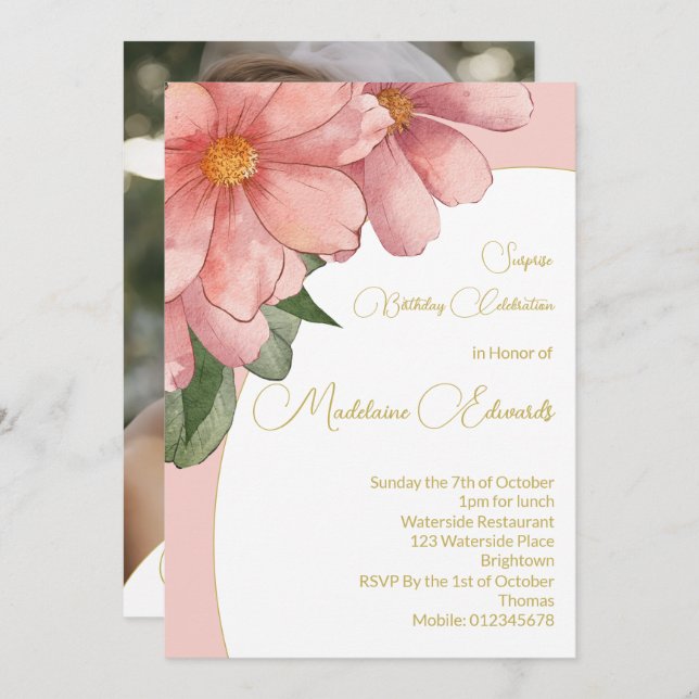 Convite Foto rosa Dourada Elegante de Aniversário Adulto (Frente/Verso)