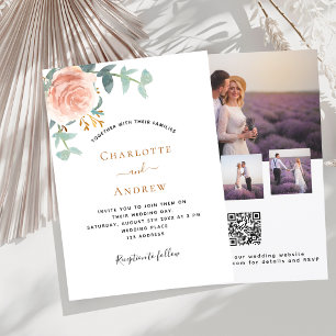 Convite Foto rosa dourada foto floral QR RSVP casamento