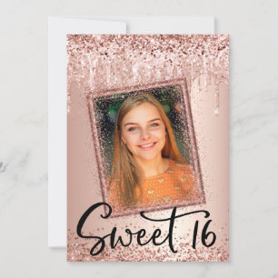 Convite Foto Rosa Dourada Glitter Drip Girly Modern Sweet