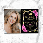 Convite Foto rosa Dourada preta 50º aniversário<br><div class="desc">Elegante convite de 50 anos florais com sua foto. Design cor-de-rosa preto brilhante com ouro brilhante falso. Possui rosas cor-de-rosa, fonte de script e confetti. Perfeito para uma festa de comemoração de na moda adulto. Personalize com seus próprios detalhes. Pode ser personalizado para qualquer idade! Impressos convites Zazzle ou modelo...</div>