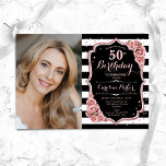 Convite Foto Rosa Dourado Negro 50º aniversário<br><div class="desc">Elegante convite de 50 anos florais com sua foto. Design cor-de-rosa preto vírgula com ouro brilhante rosa. Apresenta faixas brancas pretas, rosas cor-de-rosa pinceladas, fontes de script e confetti. Perfeito para uma festa de comemoração de na moda adulto. Personalize com seus próprios detalhes. Pode ser personalizado para qualquer idade! Impressos...</div>