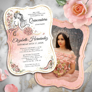 Convite Foto rosa e princesa Dourada Quinceanera Aniversár