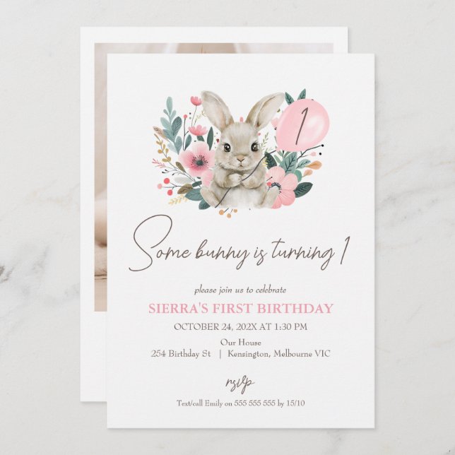 Convite Foto Rosa Floral Alguns primeiros aniversarios De  (Frente/Verso)