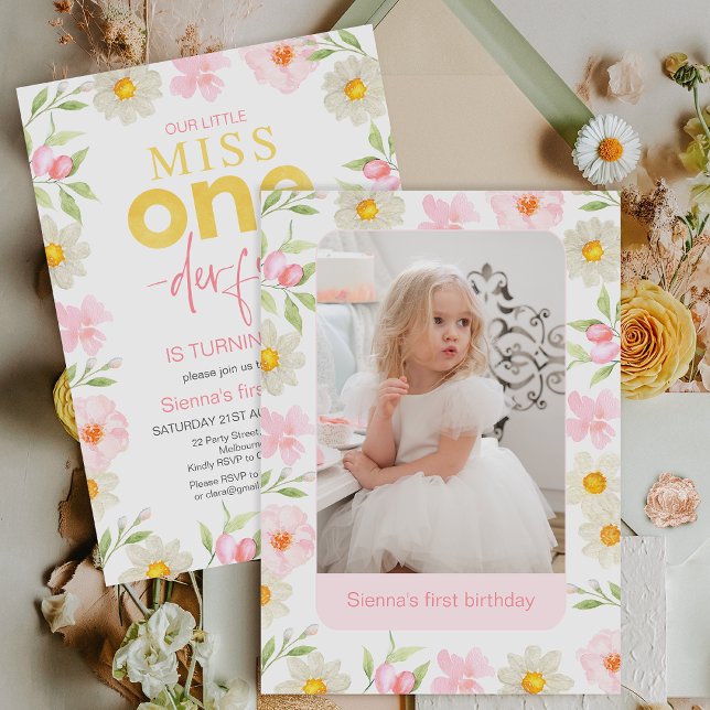 Convite Foto Rosa Floral primeiro aniversario da Miss Onei (Photo Miss Onederful 1st Birthday Invitation Template, Girls Onederful First Birthday Invitation )