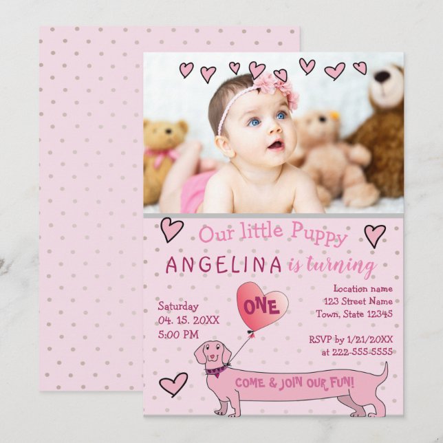 Convite Foto Rosa Fofa de 1º Aniversário (Frente/Verso)