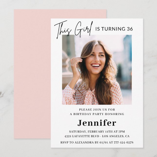 Convite Foto rosa moderna Elegante 36 anos (Frente/Verso)