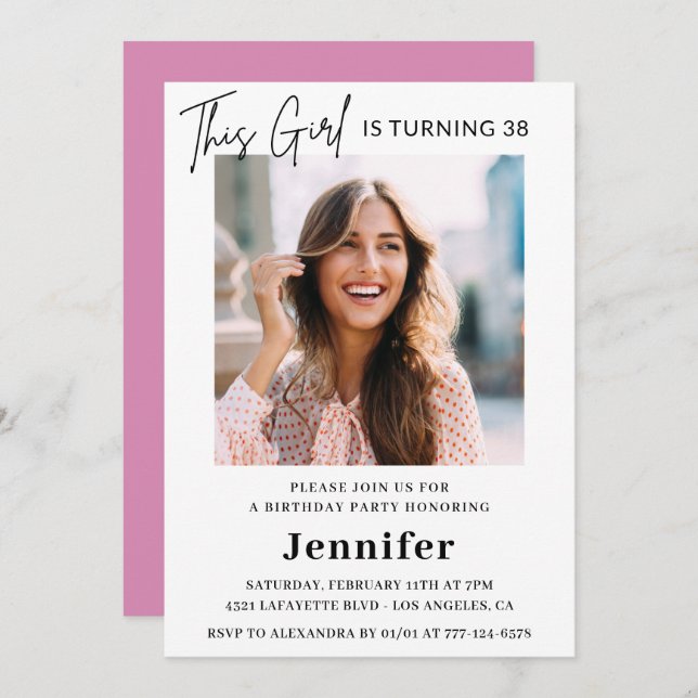 Convite Foto rosa moderna Elegante 38 anos (Frente/Verso)