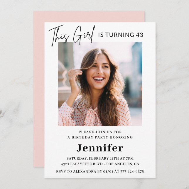 Convite Foto rosa moderna Elegante 43 anos (Frente/Verso)