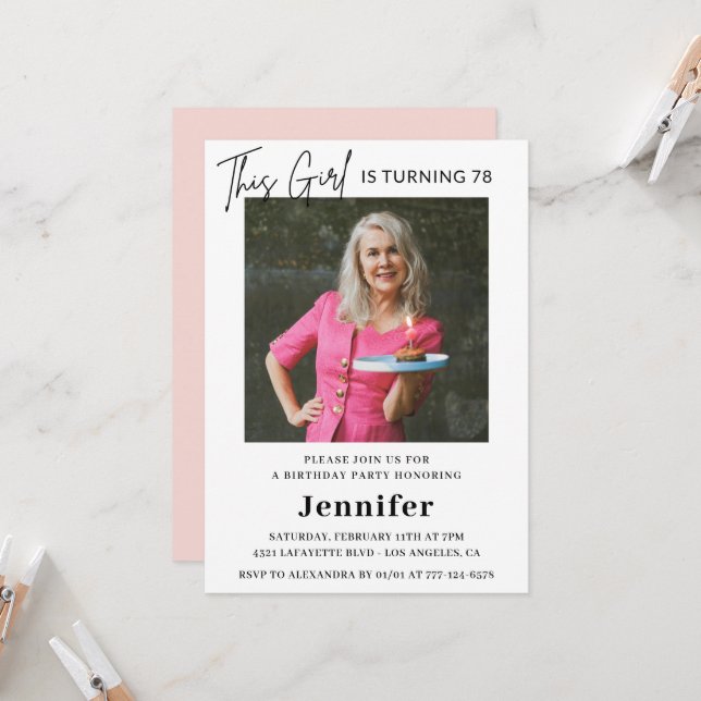 Convite Foto rosa moderna Elegante 78 anos (Frente/Verso In Situ)