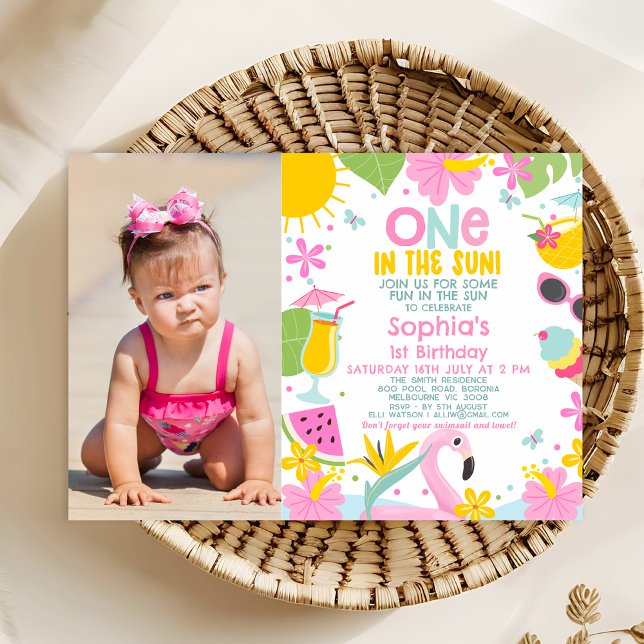 Convite Foto Rosa Na primeiro aniversario Da Piscina Solar (One In The Sun Birthday Invitation Template With Photo, Sun Themed 1st Birthday Invitation Summer )
