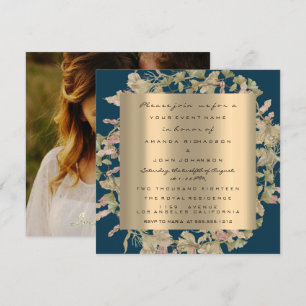 Convite Foto Rosa Noivado Floral Dourado Coroa Floral Azul
