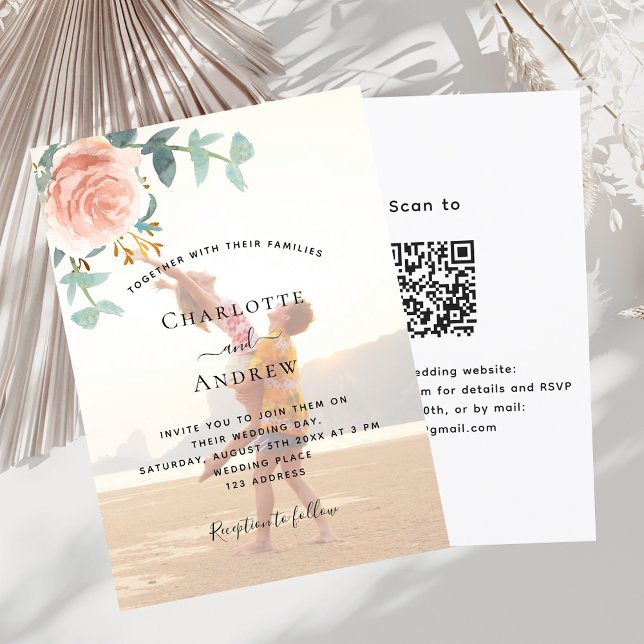 Convite Foto rosa ouro floral verde QR RSVP casamento (Criador carregado)