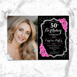 Convite Foto rosa preta prata rosa 50º aniversário<br><div class="desc">Elegante convite de 50 anos florais com sua foto. Design cor-de-rosa preto vírgula com prata brilhante. Possui rosas cor-de-rosa, fonte de script e confetti. Perfeito para uma festa de comemoração de na moda adulto. Personalize com seus próprios detalhes. Pode ser personalizado para qualquer idade! Impressos convites Zazzle ou modelo de...</div>