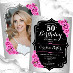 Convite Foto rosa preta prateada elegante 50º aniversário<br><div class="desc">Elegante convite floral feminino de 50 anos com sua foto no final do cartão. Glam design com falso prata. Possui rosas cor-de-rosa, fonte de script e confetti. Perfeito para uma festa de comemoração de na moda adulto. Personalize com seus próprios detalhes. Pode ser personalizado para qualquer idade! Impressos convites Zazzle...</div>
