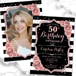 Convite Foto Rosa preto Dourado 50º aniversário<br><div class="desc">Elegante convite de 50 anos florais com sua foto no fundo do cartão. Design preto e cor-de-vidro com ouro rosa de brilho sujo. Apresenta faixas pretas e brancas, rosas cor-de-rosa pinceladas, fontes de script e confetti. Perfeito para uma festa de comemoração de na moda adulto. Personalize com seus próprios detalhes....</div>