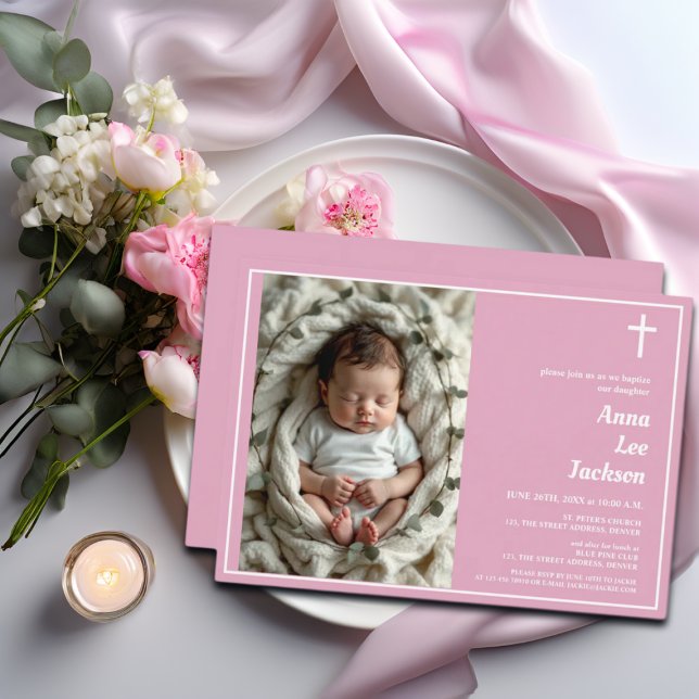 Convite Foto Rosa Rosa Dusta da Cruz Branca do Batismo Mod (Criador carregado)