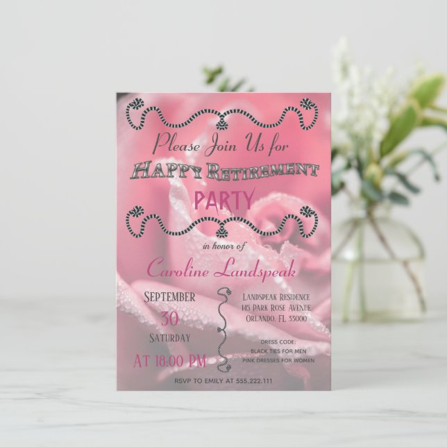 Convite Foto rosa rosa rosa para festa de aposentadoria fe (Em pé/Frente)