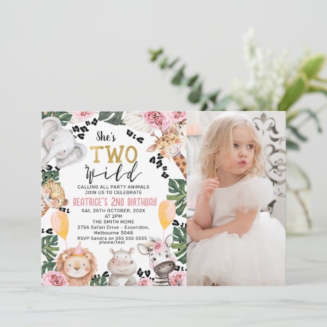 Convite Foto rosa Roses Safari Dois Aniversário Selvagem (Em pé/Frente)