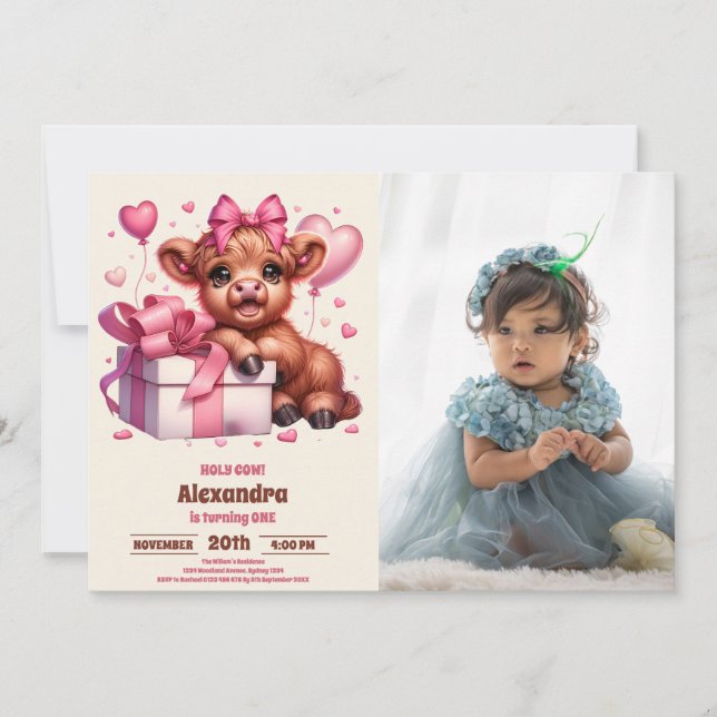 Convite Foto rosa Santa Vaca Highland 1 rua Primeiro Anive (Frente)