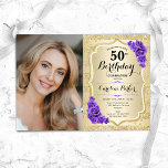 Convite Foto Roxo 50º Aniversário do Elegante Dourado<br><div class="desc">Elegante convite floral feminino para o 50º aniversário com sua foto. Design de vidro com ouro brilhante falso. Apresenta faixas, rosas roxos, fontes de script e confetti. Perfeito para uma festa de comemoração de na moda adulto. Personalize com seus próprios detalhes. Pode ser personalizado para qualquer idade! Impressos convites Zazzle...</div>