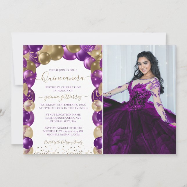 Convite Foto Roxo Dourado Quinceañera Balão (Frente)