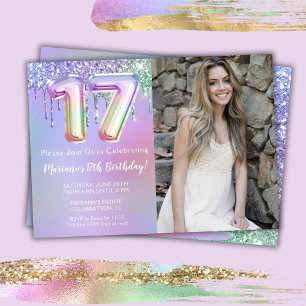 Convite Foto Roxo Rosa Brilho Gotas de 17º Aniversário