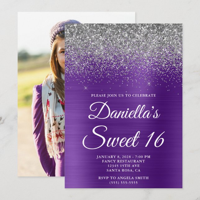 Convite Foto Roxo Roxo Real Glitter Silver Foto Sweet 16 (Frente/Verso)