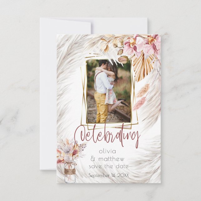 Convite Foto: Rustic Burgundy Pink Ivory Pampas Gras (Frente)