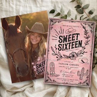 Convite Foto Rustic Pink Western Floral Sweet Dezesseis
