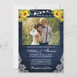 Convite Foto Rustic Sunflower Floral Blue Wood Lights
