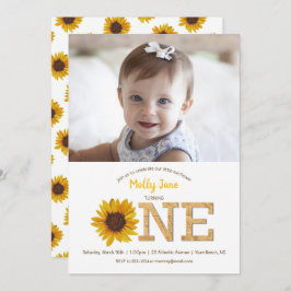 Convite Foto Rustic Sunflower primeiro aniversario Girl