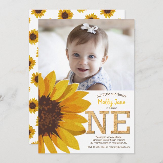 Convite Foto Rustic Sunflower primeiro aniversario Girl (Frente/Verso)