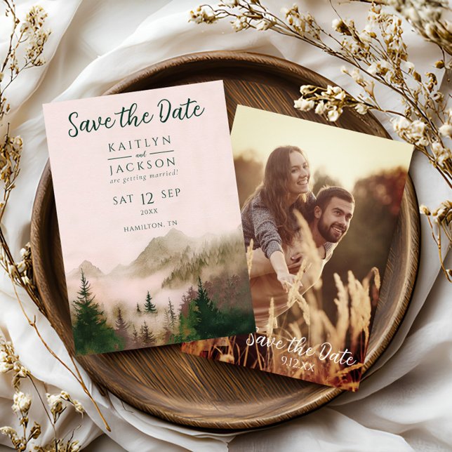 Convite Foto Rustic Watercolor Casamento Salva A Data (Misty Mountain Rustic Photo Watercolor Save the Date Card)