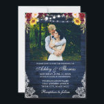 Convite Foto Rústica Do Casamento Floral Azul De Madeira L<br><div class="desc">As Luzes de Corda de Madeira Azul Rústica Lace Aquarela Foto Floral Convite De Casamento inclui rosas burgundy,  rosas cor-de-rosa,  rosas vermelhas,  girassóis e verde botânico.</div>
