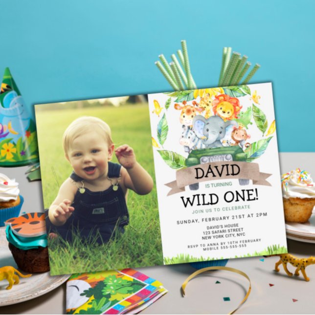 Convite Foto Safari de Garoto Selvagem de Um primeiro aniv (Wild One 1st Birthday Invitation with photo Safari Animals Jungle themed birthday party)