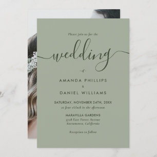 Convite Foto: Sage Green Script Weding