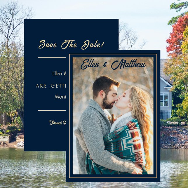 Convite Foto: Salve o Marinho Moderno da Data com Dourado (Photo Wedding Save the Date Modern Navy with Gold Invitation)