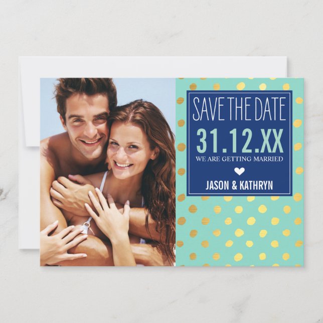 Convite FOTO SAVE THE DATE dourado folha bolinhas azul mar (Frente)
