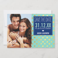 FOTO SAVE THE DATE dourado folha bolinhas azul mar