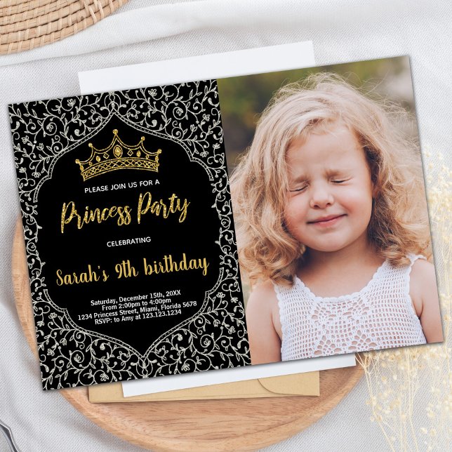 Convite Foto Silver Glitter White Princess Aniversário (Photo Silver Glitter White Princess Birthday Invitation)