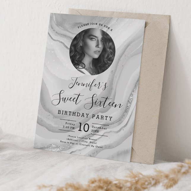 Convite FOTO Silver Marble Glitter Doce 16 Partido (PHOTO Silver Marble Glitter Sweet 16 Party Invitation)