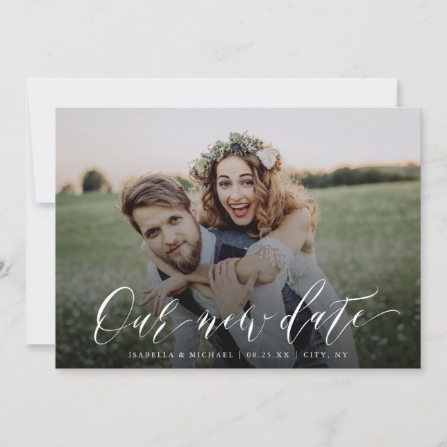 Convite Foto simples de caligrafia muda a data adiada (Frente)