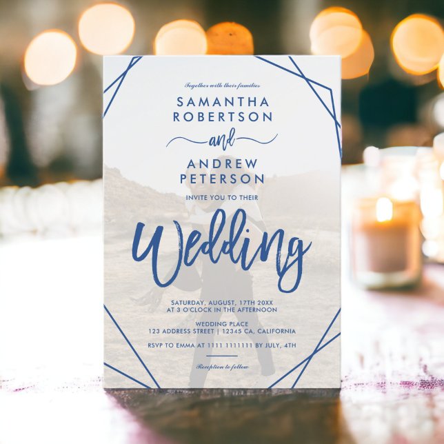 Convite Foto simples do quadro azul do gráfico simples do  (Chic blue boho frame simple photo script wedding invitation)