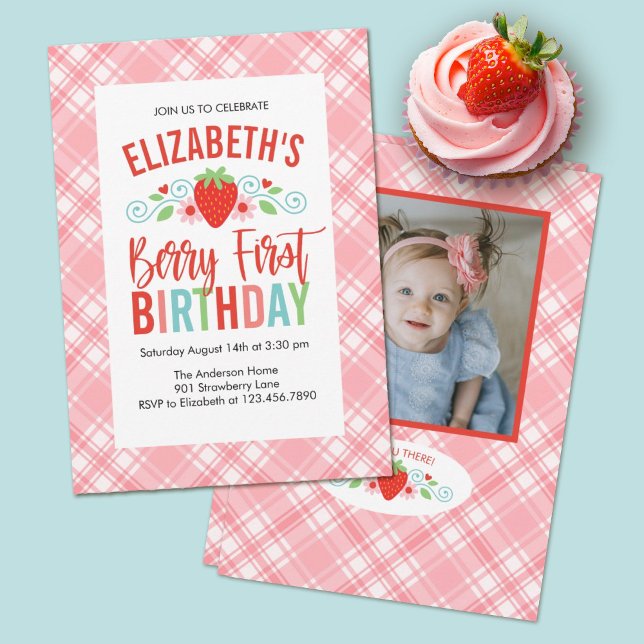 Convite Foto Simples e Bonita Berry Sweet Aniversário (A cute Berry First Birthday party photo invitation)