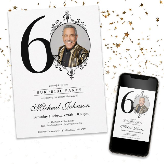 Convite Foto simples Elegante 60º aniversário do Partido S (Simple Elegant Photo 60th Birthday Surprise Party Invitation)