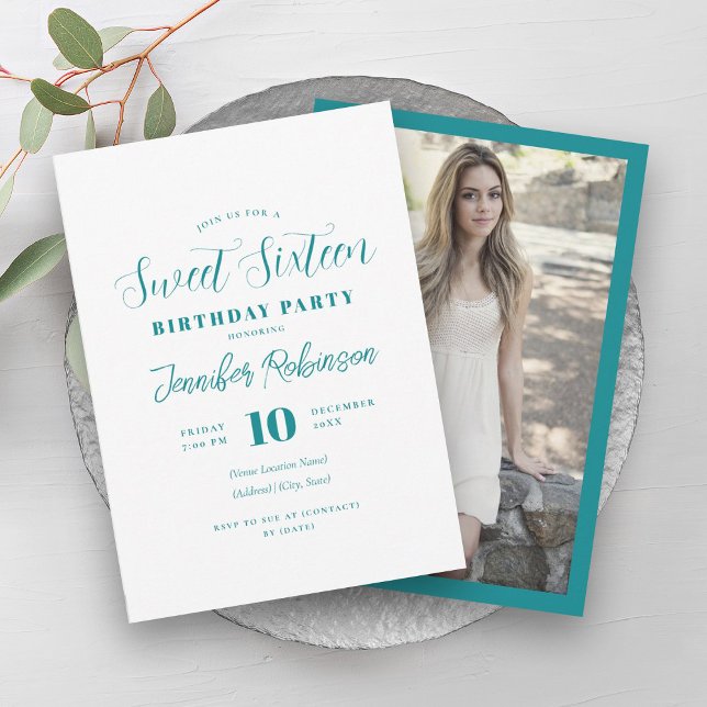 Convite Foto Simples Elegante Do Teal Sweet 16 Dezesseis (Simple Elegant Teal Photo Sweet 16 Sixteen Invitation)