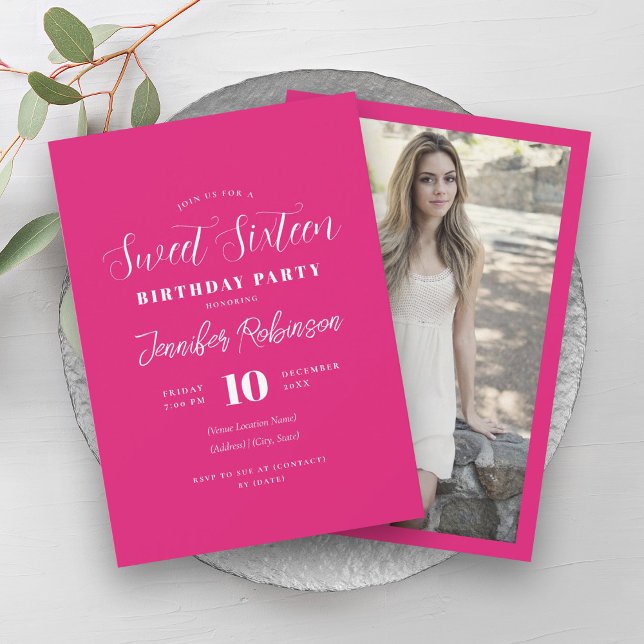 Convite Foto Simples Rosa Quente Sweet 16 Dezesseis (Simple Hot Pink Photo Sweet 16 Sixteen Invitation)