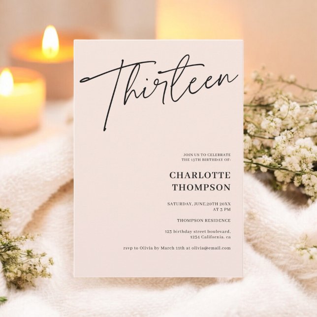 Convite Foto simples, simples e moderna, de blush preto Tr (Elegant simple modern black blush photo Thirteen Invitation)